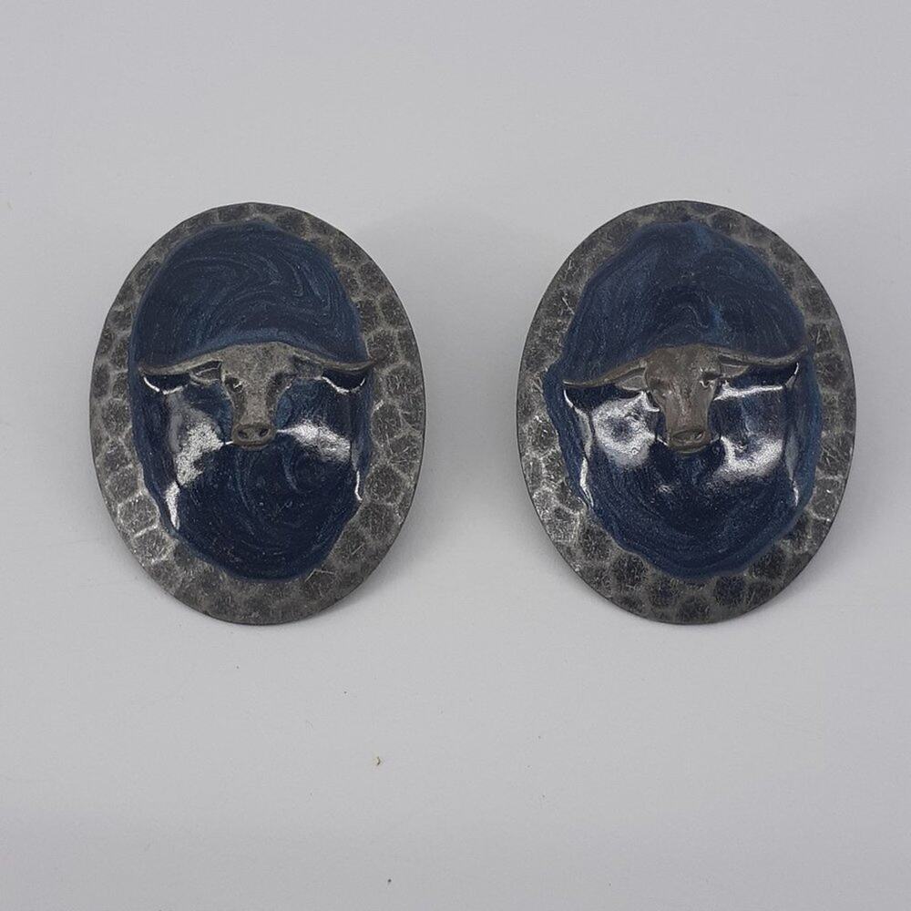 Western Earrings Bull Long Horn Blue Metallic Enamel Hammered Earrings